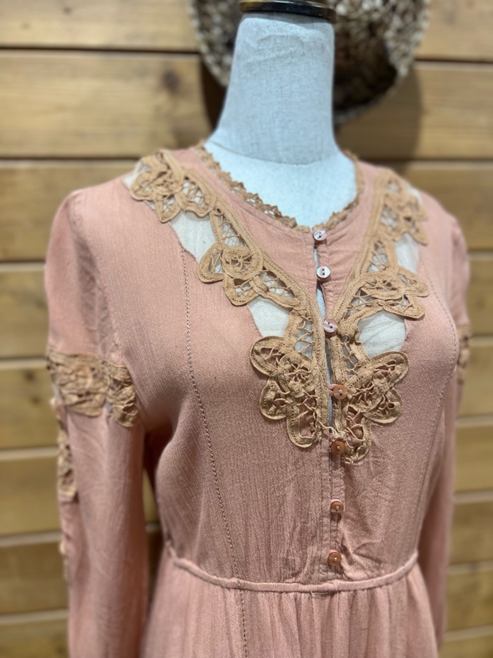 FP One Free People Crochet Lace Midi Tunic Dress Rust Pink Boho Small